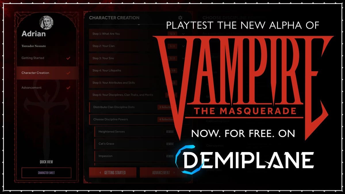 Vampire: The Masquerade 6e édition — alpha playtest sur Demiplane. © Paradox Interactive / White Wolf
