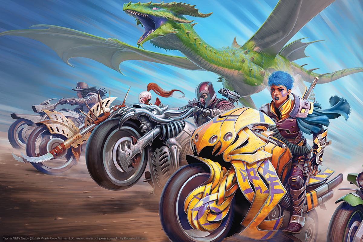 Cypher Open License — illustration officielle du Cypher GM's Guide © Monte Cook Games, art de Roberto Pitturru