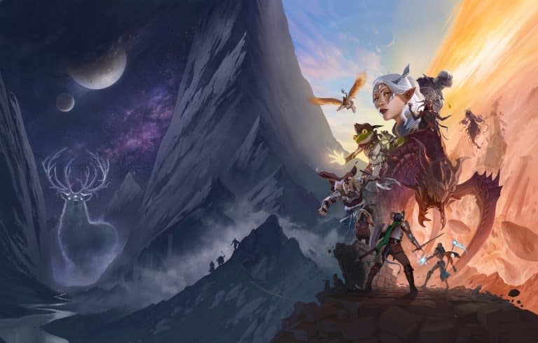 Illustration officielle de Daggerheart : un groupe d'aventuriers au sommet d'une crête, entre un versant nocturne violet et un ciel embrasé
