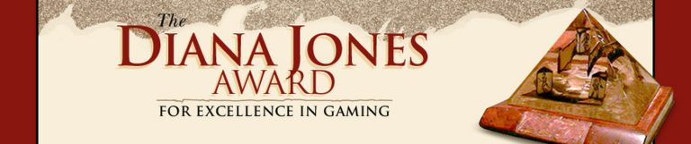 Bandeau officiel du Diana Jones Award for Excellence in Gaming, avec le trophee pyramide — © The Diana Jones Award committee