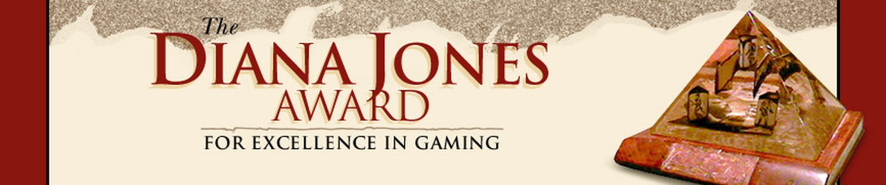 Bandeau officiel du Diana Jones Award for Excellence in Gaming, avec le trophee pyramide — © The Diana Jones Award committee