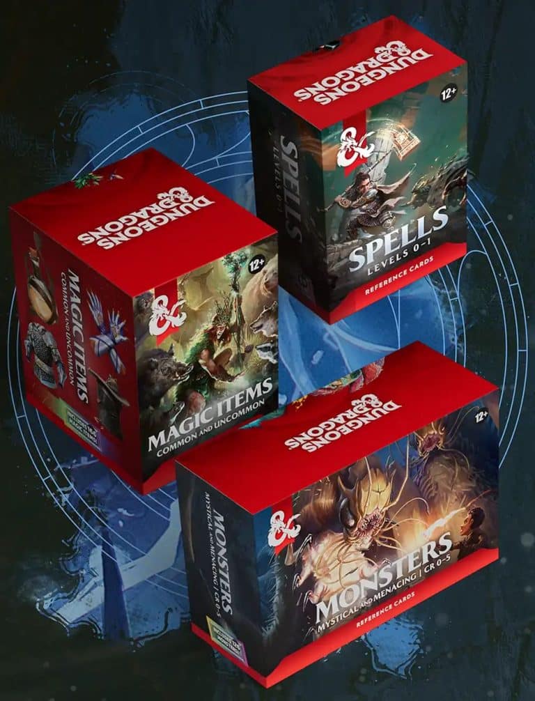 Trois paquets D&D Reference Cards — Spells Levels 0–1, Magic Items Common and Uncommon, Monsters Mystical and Menacing CR 0-5 — © Wizards of the Coast