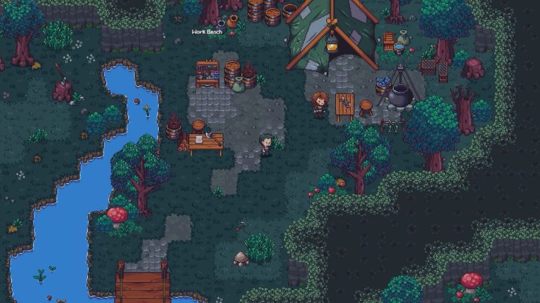 Emberville — camp de survivants en pixel art, établi de fabrication © Cygnus Cross