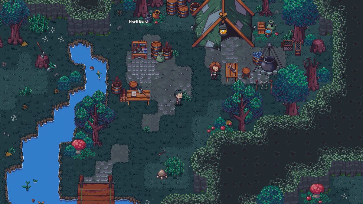 Emberville — camp de survivants en pixel art, établi de fabrication © Cygnus Cross