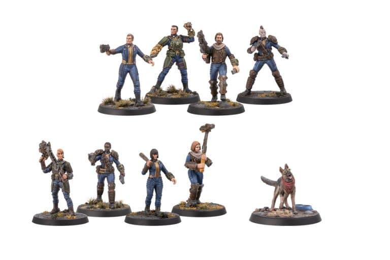 Fallout: Wasteland Warfare 2e edition - figurines Vault Dwellers et Dogmeat - © Modiphius Entertainment