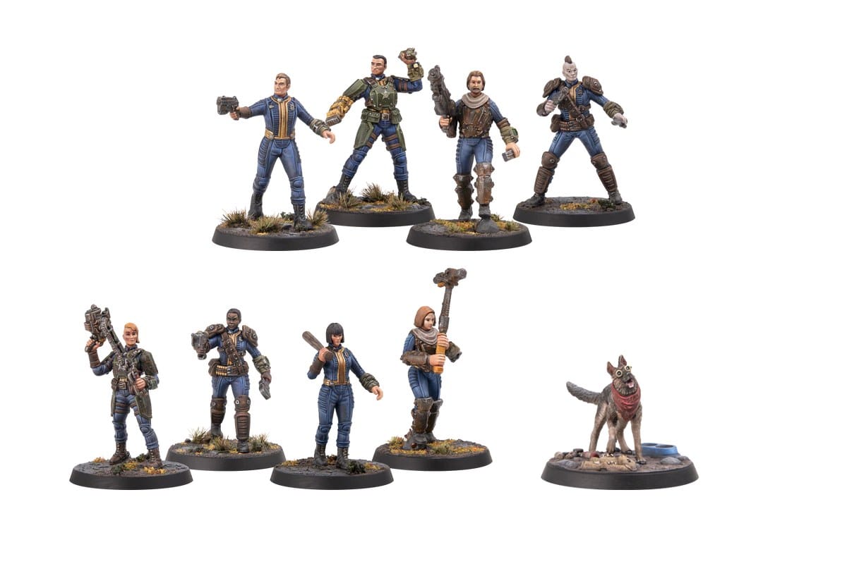 Fallout: Wasteland Warfare 2e edition - figurines Vault Dwellers et Dogmeat - © Modiphius Entertainment