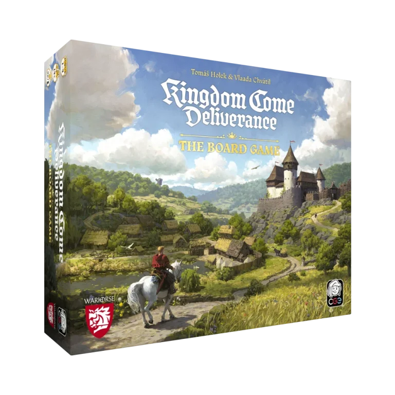 Boîte du jeu de plateau Kingdom Come: Deliverance – The Board Game de Tomáš Holek et Vlaada Chvátil, illustrée d'un cavalier devant un château de Bohême