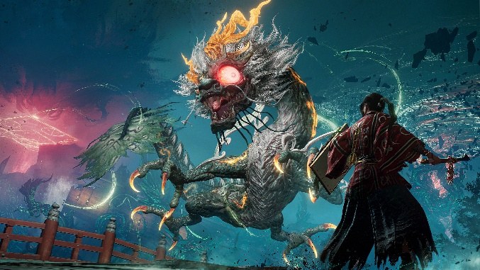 Nioh 3 — DLC Hell Rising : combat contre un yokai dragon, le personnage porte un bouclier. © KOEI TECMO GAMES CO., LTD.