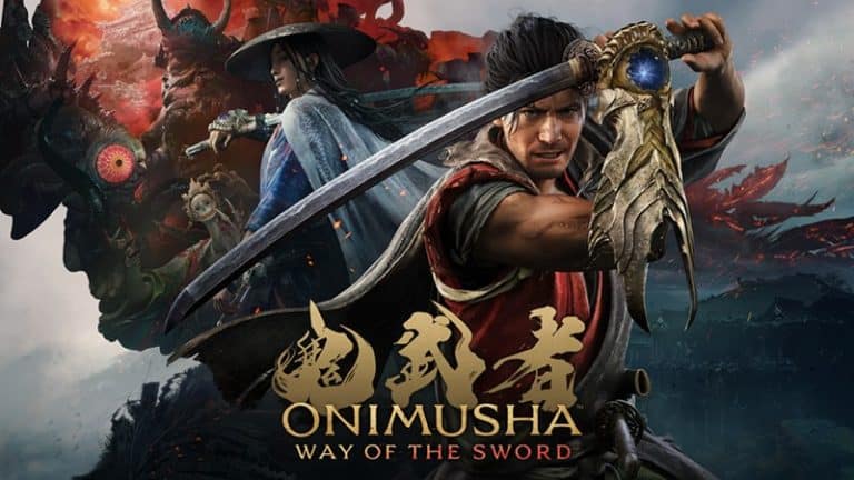 Onimusha: Way of the Sword — key art officielle, Miyamoto Musashi et le Gantelet Oni — © CAPCOM