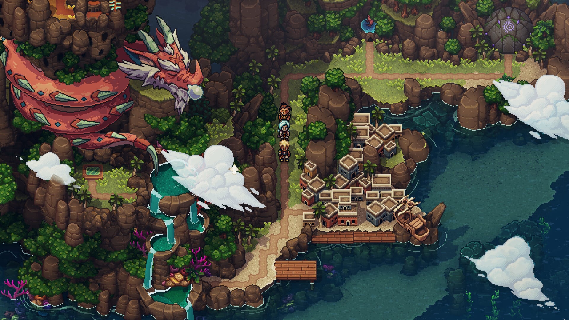 Village côtier ensoleillé en pixel art dans Sea of Stars, l'une des cinq bonnes affaires RPG de l'été