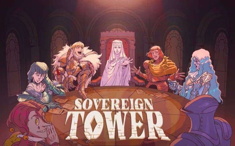 Sovereign Tower — key art officiel, chevaliers autour de la Table Ronde © WILD WITS / Curve Games