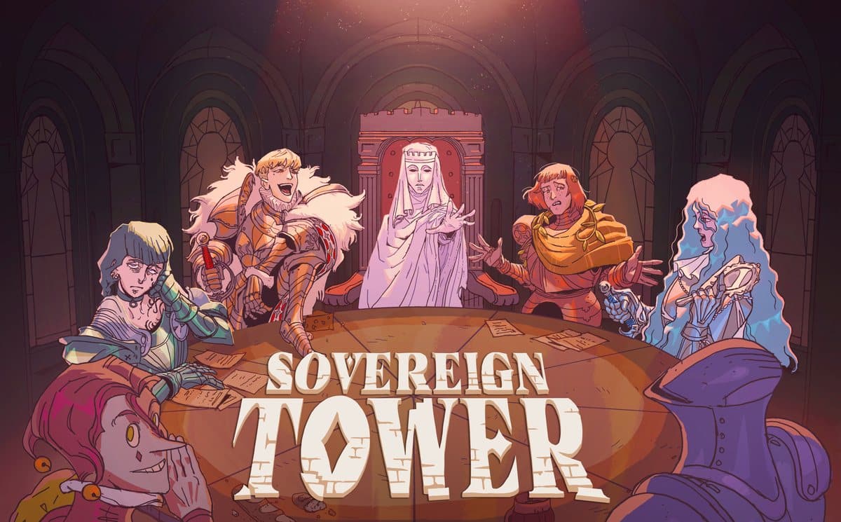 Sovereign Tower — key art officiel, chevaliers autour de la Table Ronde © WILD WITS / Curve Games