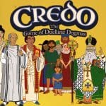 Visuel officiel de Credo: The Game of Duelling Dogmas, jeu de société de Chaosium, avec ses personnages de l'Église primitive