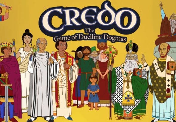 Visuel officiel de Credo: The Game of Duelling Dogmas, jeu de société de Chaosium, avec ses personnages de l'Église primitive