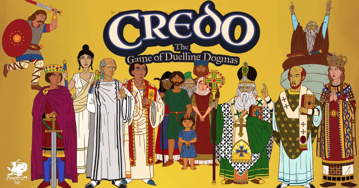 Visuel officiel de Credo: The Game of Duelling Dogmas, jeu de société de Chaosium, avec ses personnages de l'Église primitive