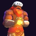 Le Barbarian de Dice Throne, casque de réalité mixte sur la tête, tenant un dé lumineux