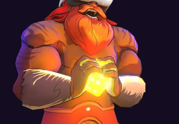Le Barbarian de Dice Throne, casque de réalité mixte sur la tête, tenant un dé lumineux