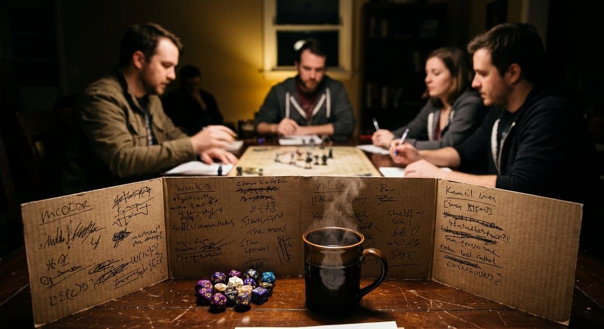 Table vue côté MJ : écran, notes et dés au premier plan