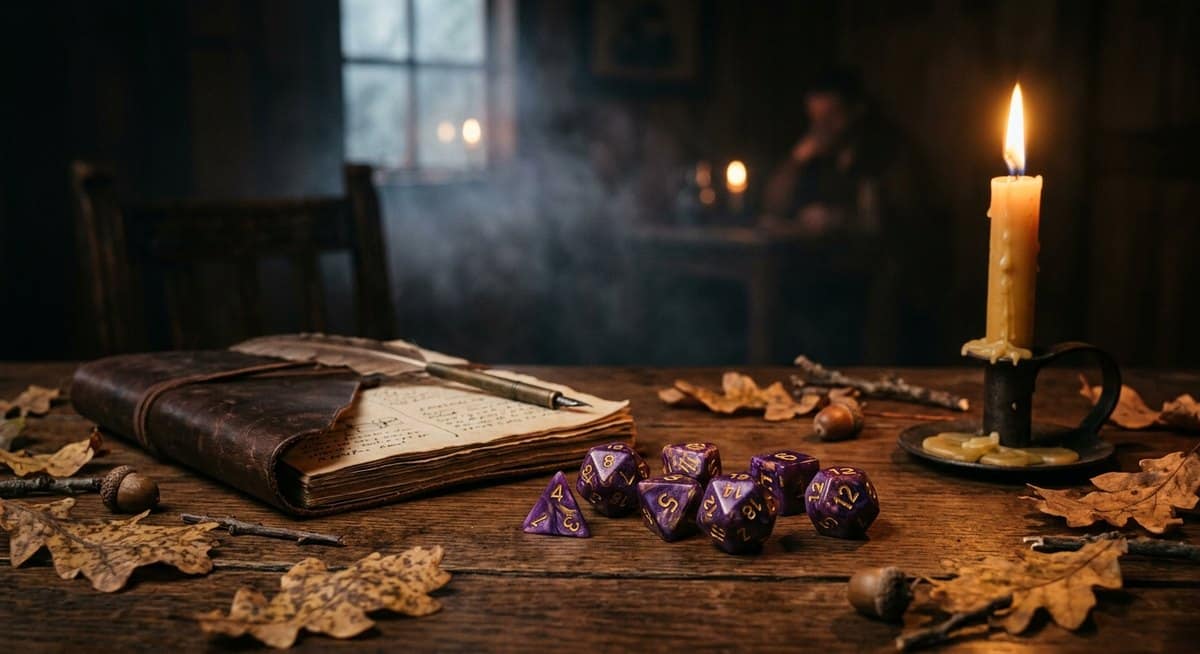 Table de jeu de rôle éclairée à la bougie en automne, dés et cartes posés, ambiance inquiétante