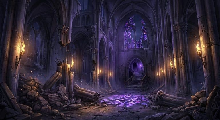 Intérieur de cathédrale en ruine éclairé aux torches