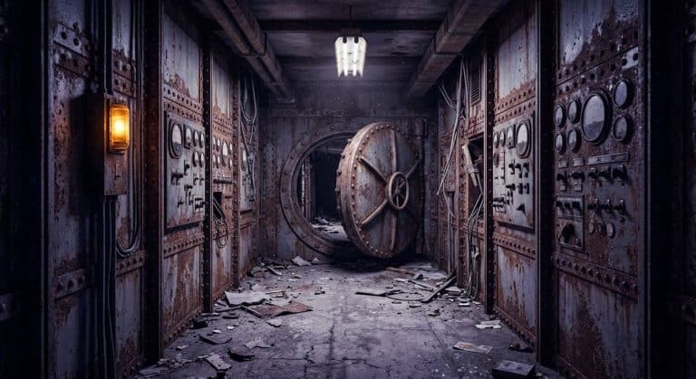 Couloir de bunker rétro-futuriste rouillé