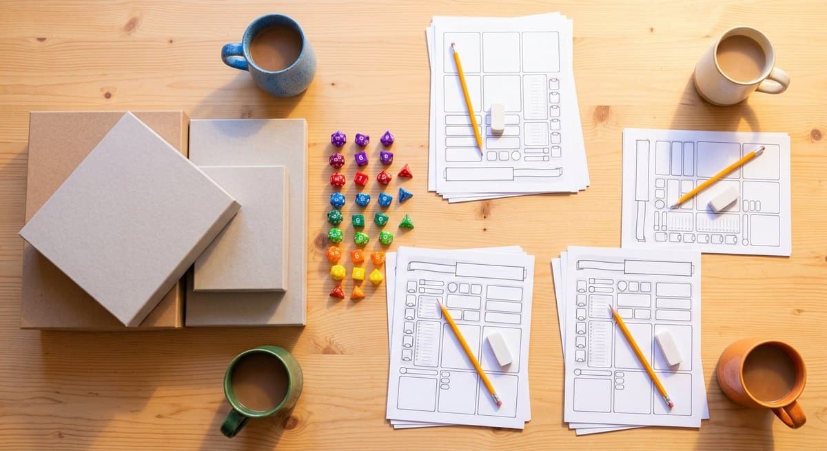 Boîtes d'initiation et dés sur une table de jeu
