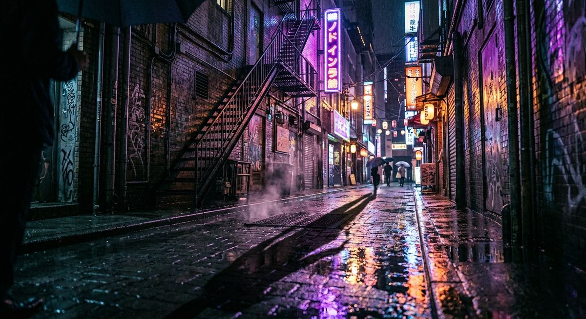 Ruelle urbaine nocturne sous néons, pluie
