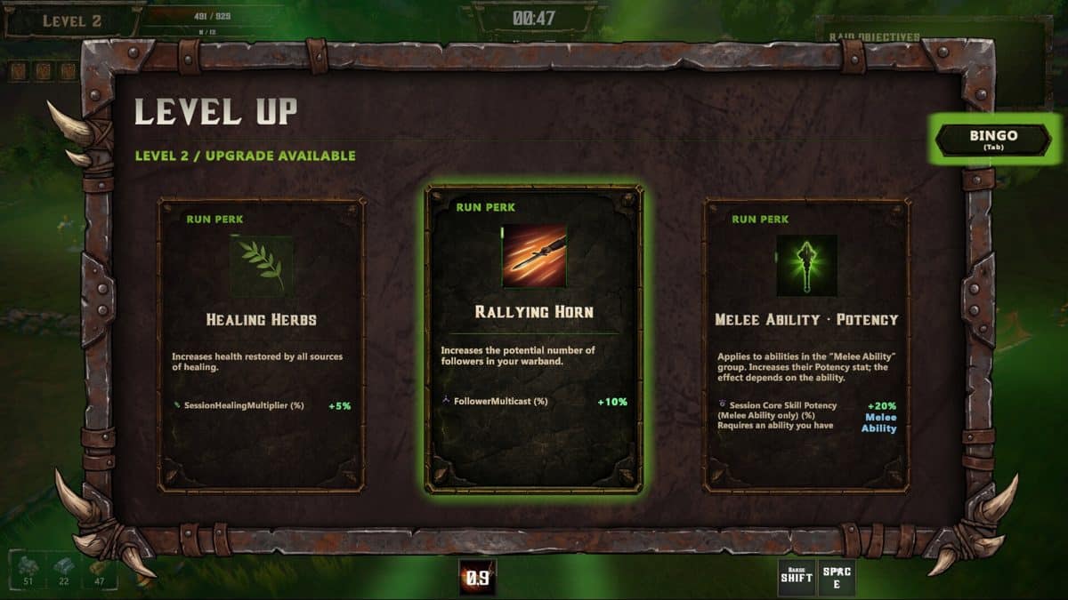 Orcthal : &eacute;cran de mont&eacute;e de niveau avec choix entre trois perks &copy; RedKar Devs