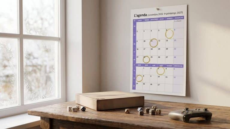 Calendrier mural au-dessus d'une table avec dés et manette