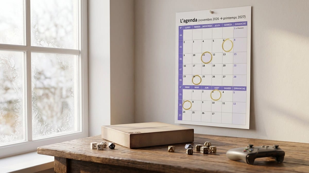 Calendrier mural au-dessus d'une table avec dés et manette