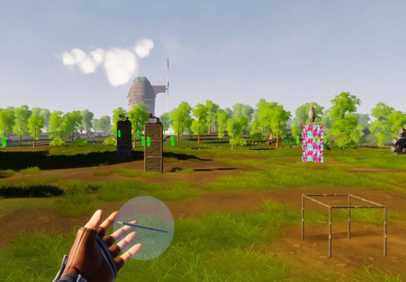 Capture officielle d’Arcane Architect : la main du joueur et des tours en construction dans une prairie fantasy