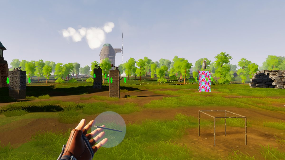 Capture officielle d’Arcane Architect : la main du joueur et des tours en construction dans une prairie fantasy