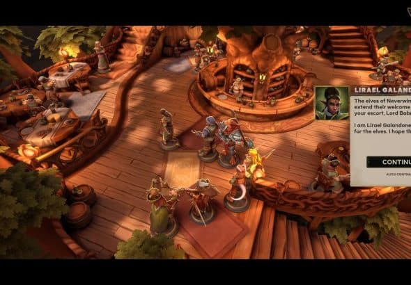 Taverne elfique de Demeo x Dungeons & Dragons: Battlemarked, figurines sur un plateau en bois