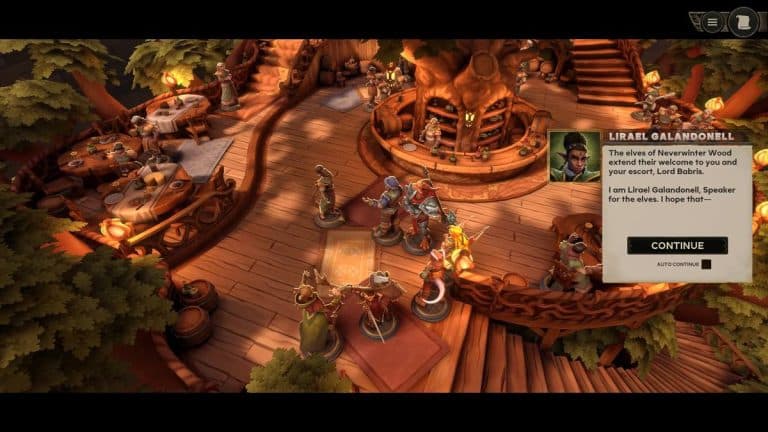 Taverne elfique de Demeo x Dungeons & Dragons: Battlemarked, figurines sur un plateau en bois
