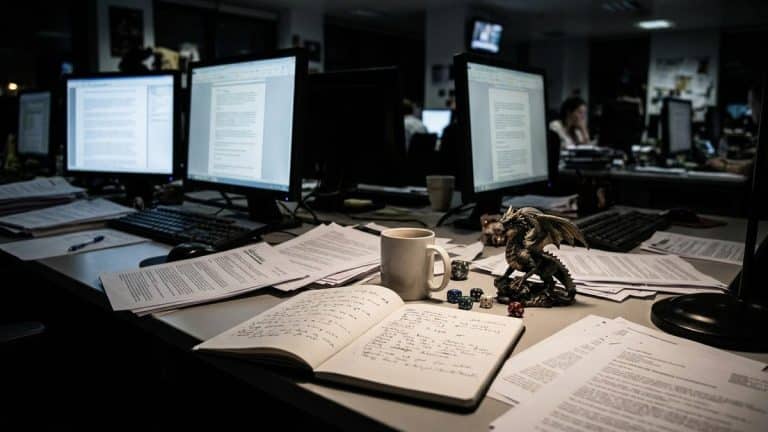 Bureau de rédaction de nuit, écrans et carnet de notes
