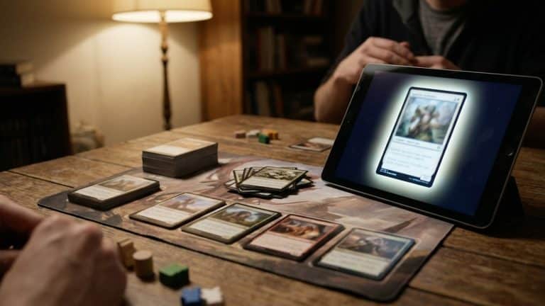 Cartes de deck-building sur une table et la même mécanique sur une tablette