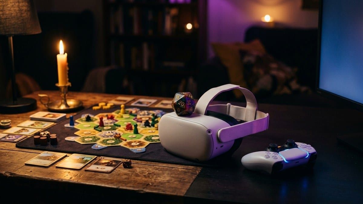 Un jeu de plateau et un casque VR posés sur la même table