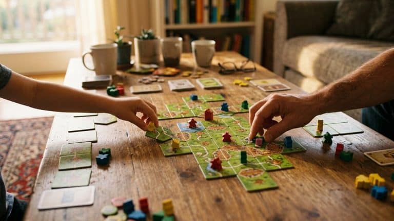 Partie de jeu de société en famille sur une table de salon