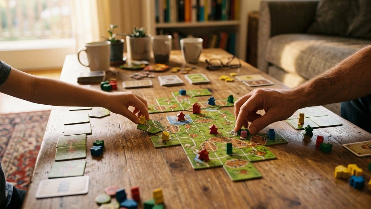 Partie de jeu de société en famille sur une table de salon