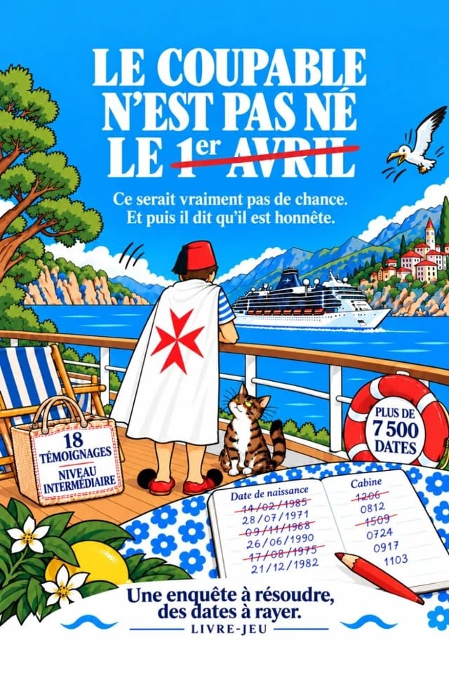 Couverture du livre-jeu d'enquête Le coupable n'est pas né le 1er avril de Scarlett Kaplan