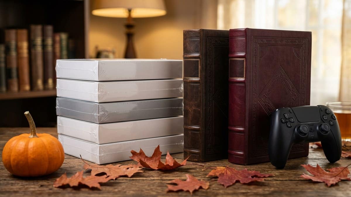 Boîtes de jeux neuves, livres de jeu de rôle et manette, ambiance d'automne
