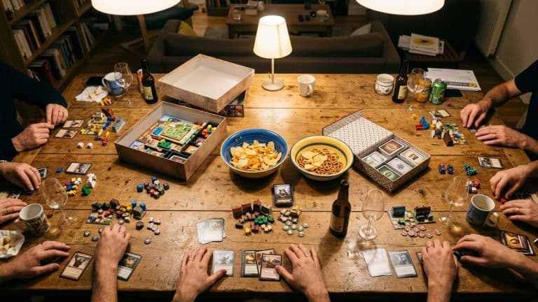 Grande tablée en fin de soirée jeux, boîtes ouvertes et cartes éparpillées