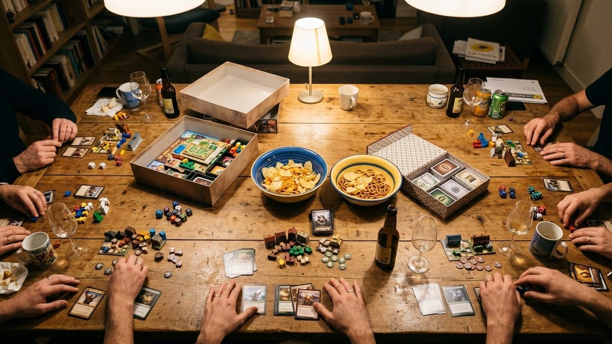 Grande tablée en fin de soirée jeux, boîtes ouvertes et cartes éparpillées